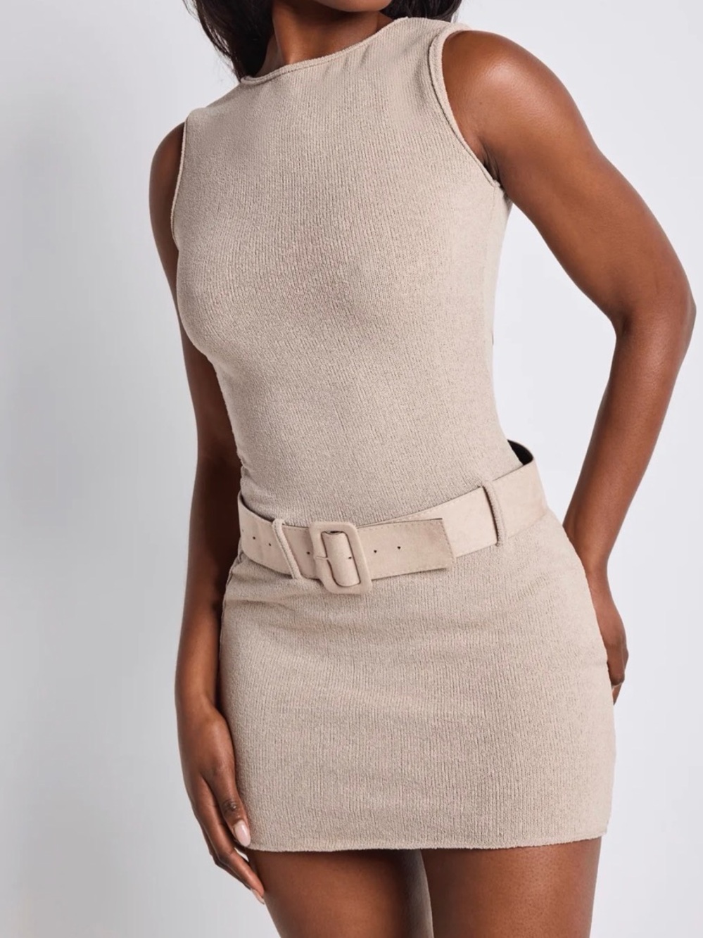 Sleeveless Mini Dress with Matching Belt - Beige